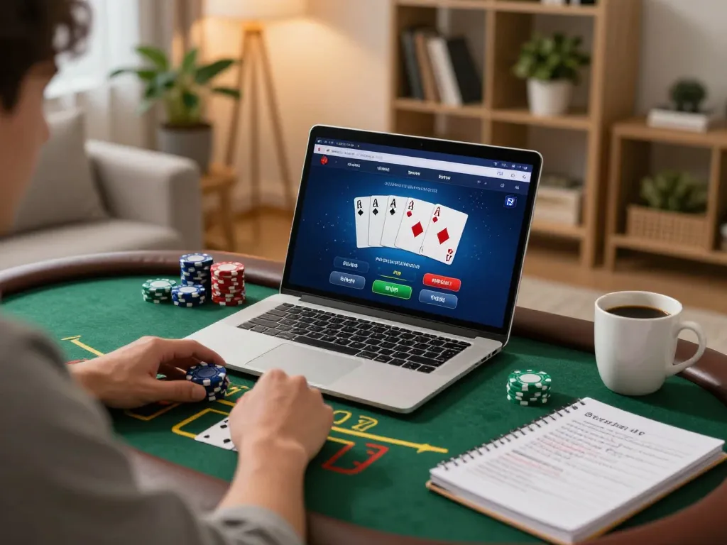 Cổng game Dwin blackjack gameplay at home with focused player enjoying online gambling.