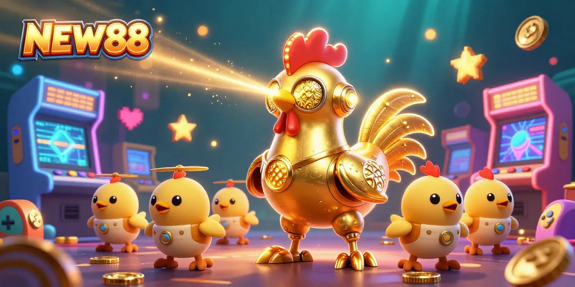 Engage with thrilling games at NEW88, where a golden rooster robot leads the adventure.