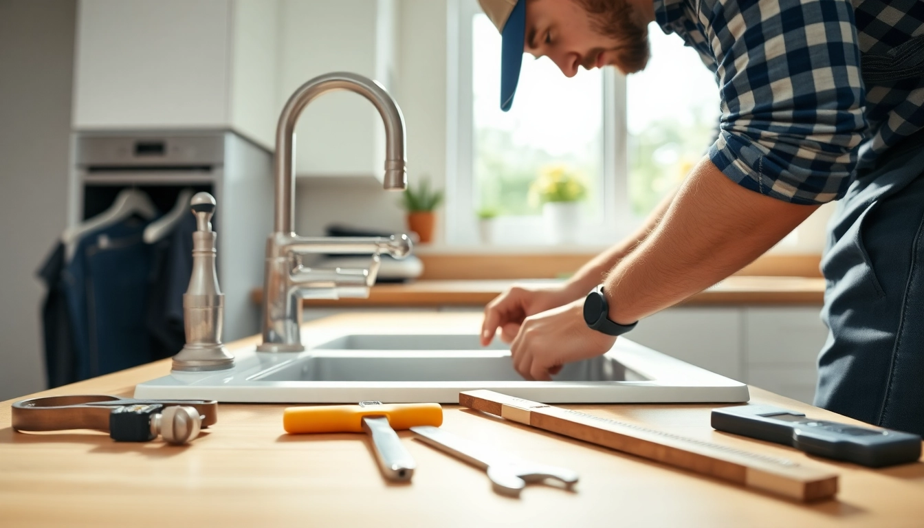Plumber near me fixing a kitchen sink, showcasing expertise and reliability in a modern kitchen.