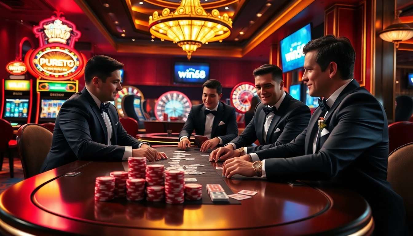 Engaging in a thrilling poker game at win58 casino, surrounded by vibrant slot machines.