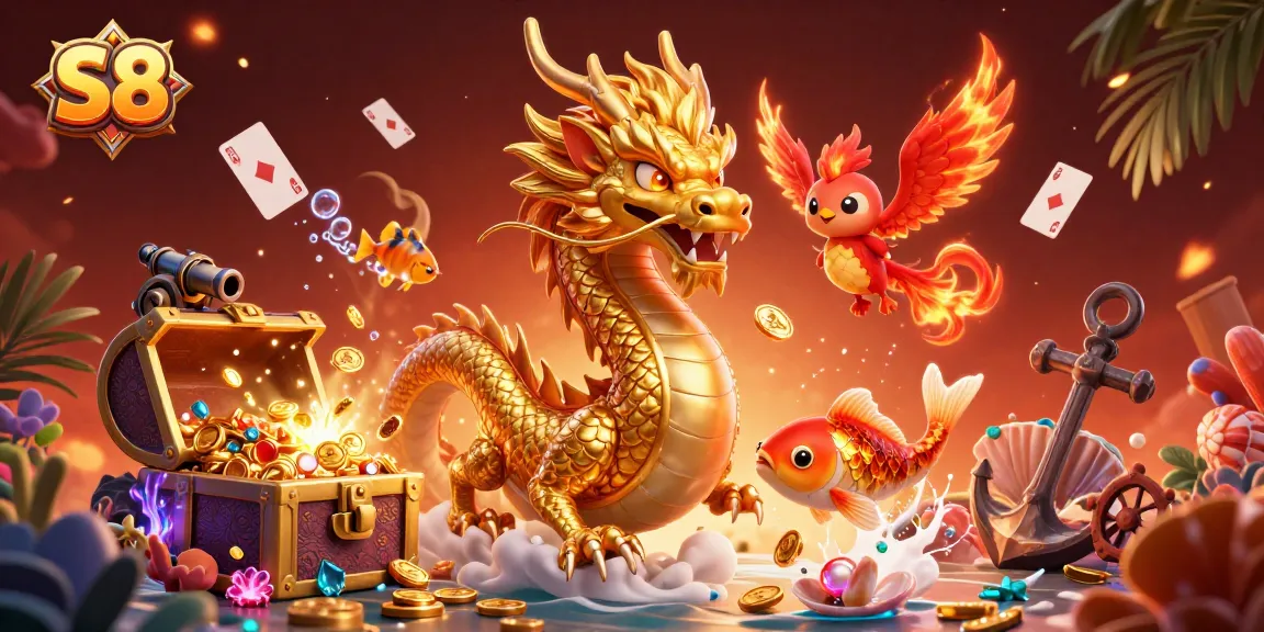 Experience exhilarating gaming at S8 with golden dragon, phoenix, and koi amidst vibrant casino elements.