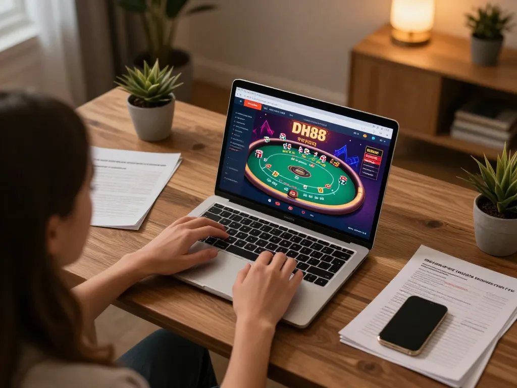 Engaging gaming session at home showcasing DH88 online casino poker interface for strategic play.