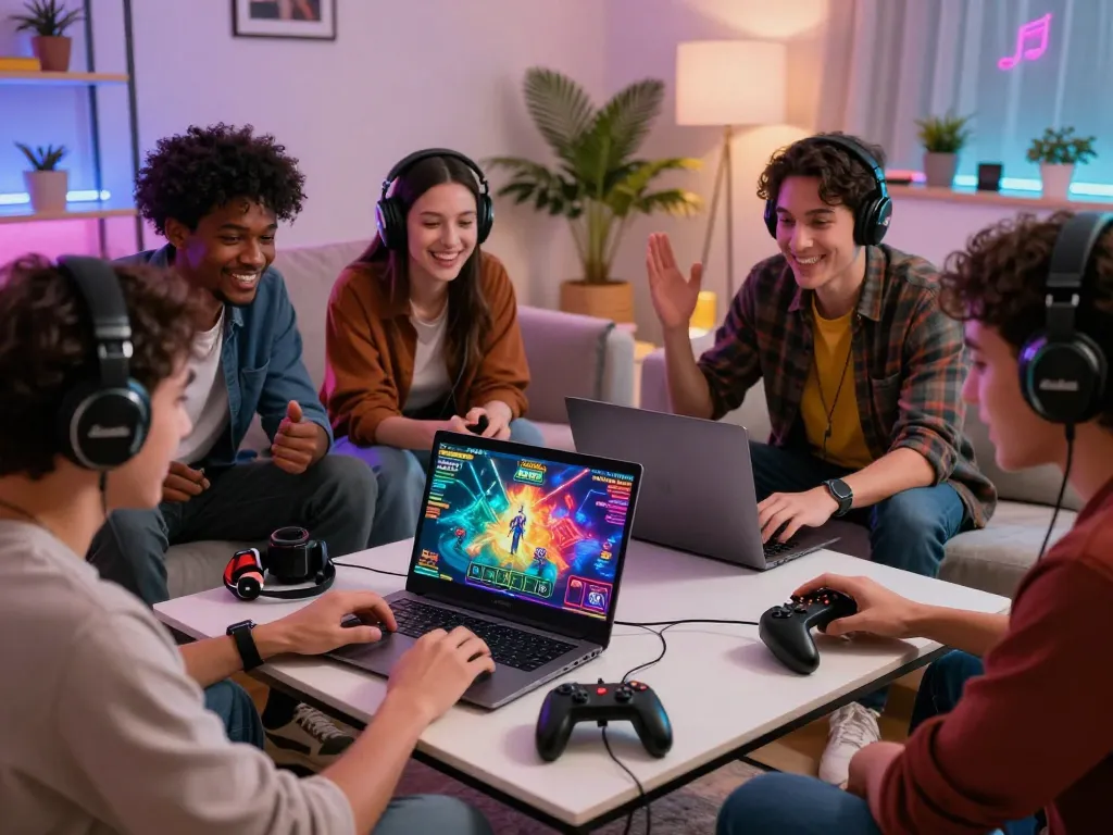 Engaging friends playing on https://gem88.com.mx/ in a cozy modern living room during an exciting online gaming session