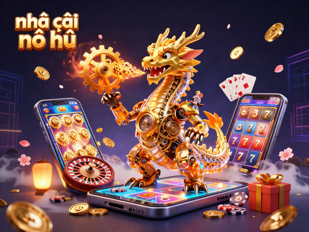 Engage with the exciting world of nhà cái nổ hũ featuring a biomechanical dragon amid vibrant casino elements.