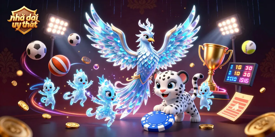 Engage with Nhà cái uy tín: A 3D illustration of a playful ice phoenix and snow leopard exploring thrilling betting dynamics.