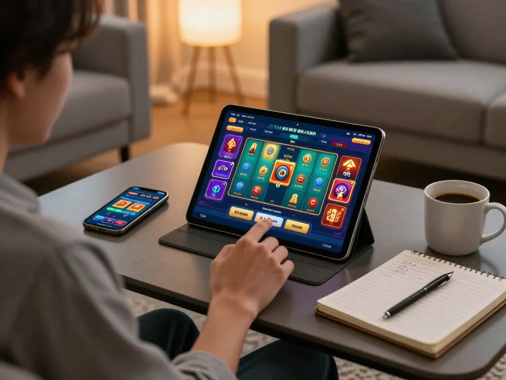 Engaging in game bài đổi thưởng on a tablet in a cozy living room, highlighting strategic gameplay.