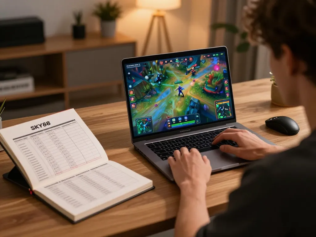 Engaged player strategizing in the SKY88 game at a stylish home office, enhancing online casino experience