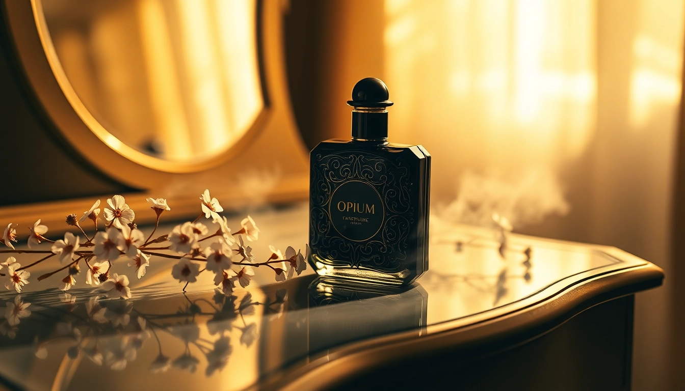 Admire the seductive Black opium fragrance bottle amidst delicate flowers and warm lighting.