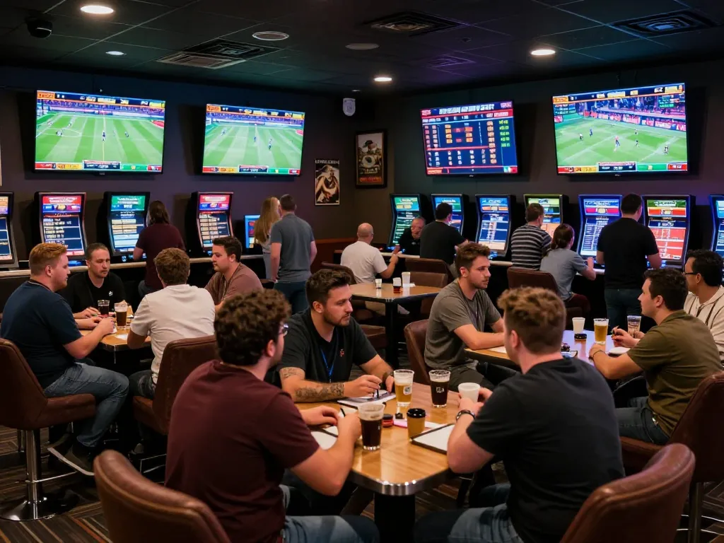 Fans placing bets on tỷ lệ kèo bóng đá in a lively sports betting lounge with multiple screens.