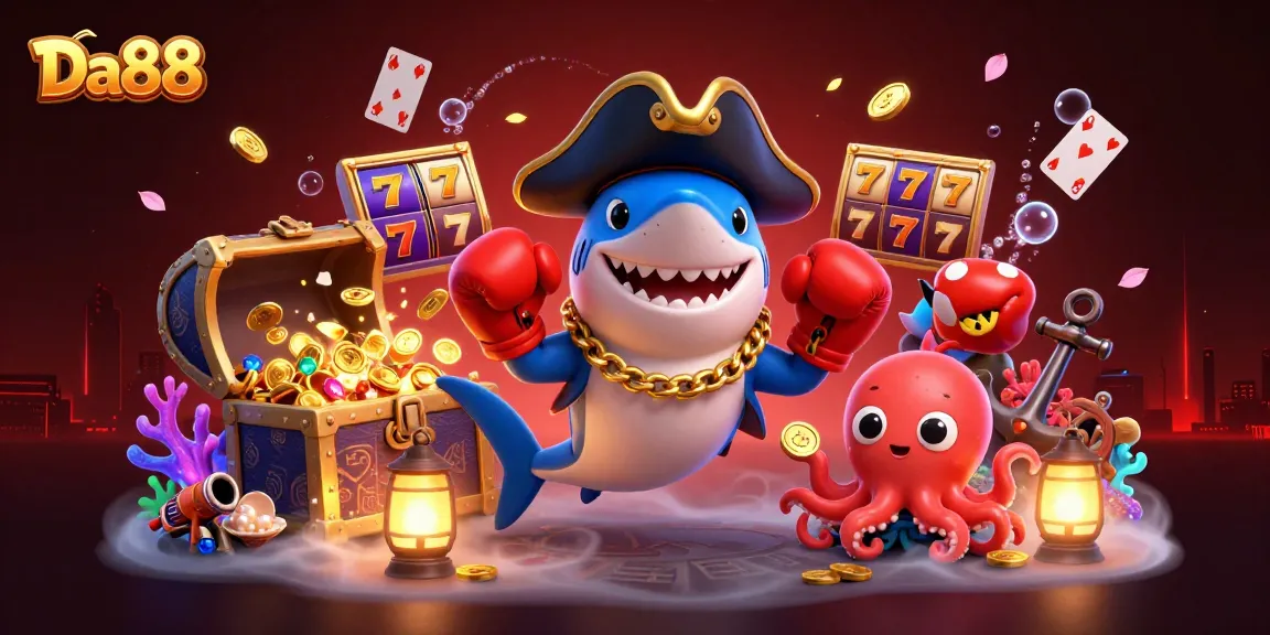 Spin and win with Da88, featuring a lively pirate shark and underwater treasures.