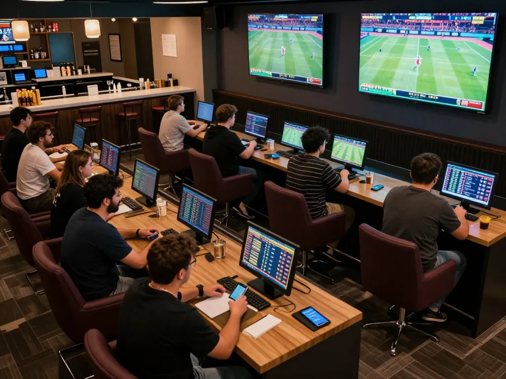 Engaged sports bettors analyzing odds in the tg88 lounge, dynamic betting environment with excitement.