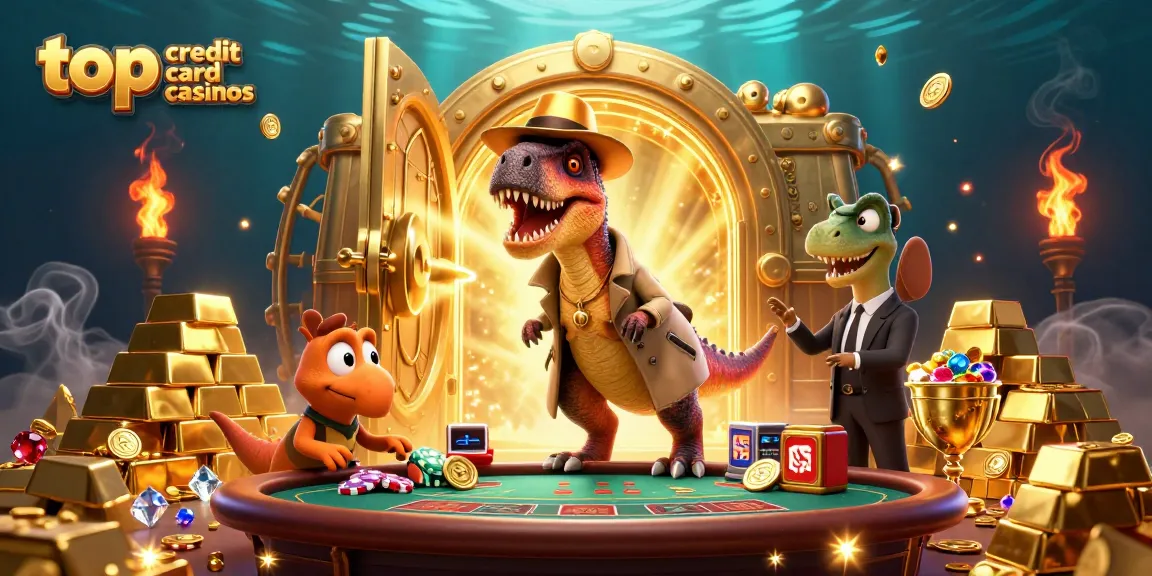 Engage with top credit card casinos in a lively 3D scene featuring dinosaur characters at a blackjack table.