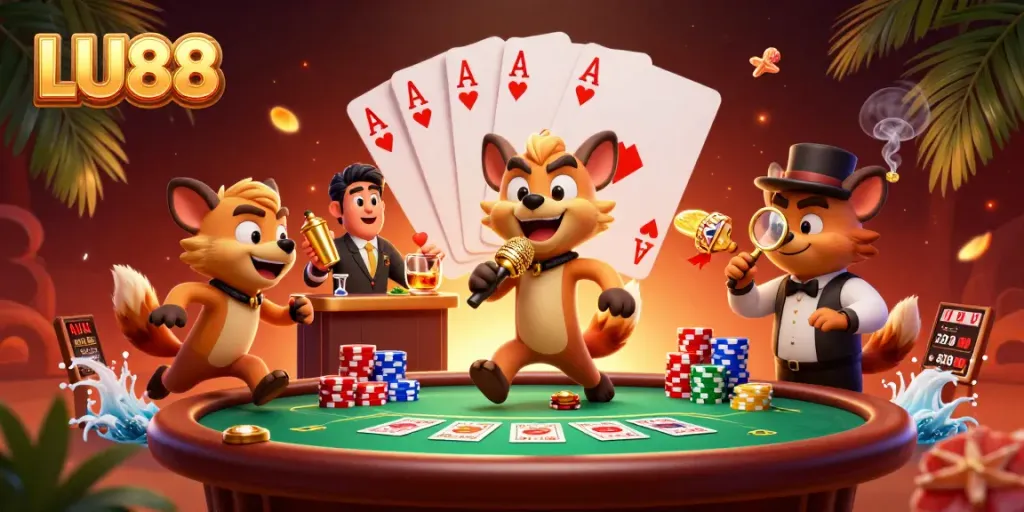 LU88 hyenas entertain at a vibrant casino club scene filled with poker elements.