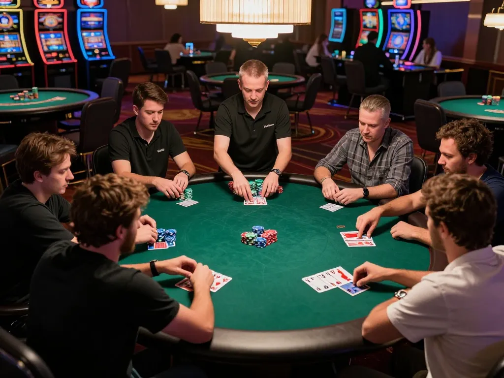 Engaged poker players betting and strategizing during a thrilling game at a casino, featuring de bet moments.