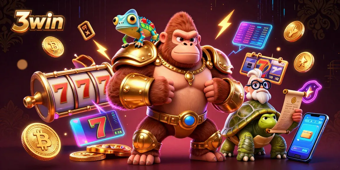 3win king gorilla celebrates jackpots while vibrant slot reels and coins surround him