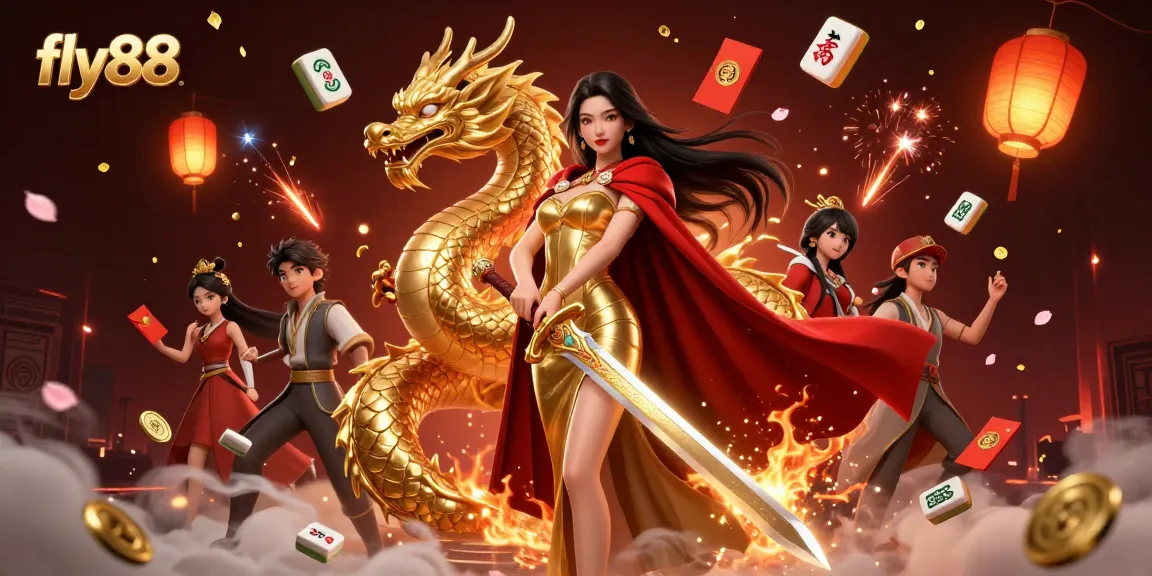 Experience thrilling adventures with fly88 as a stunning warrior queen in a vibrant casino atmosphere.