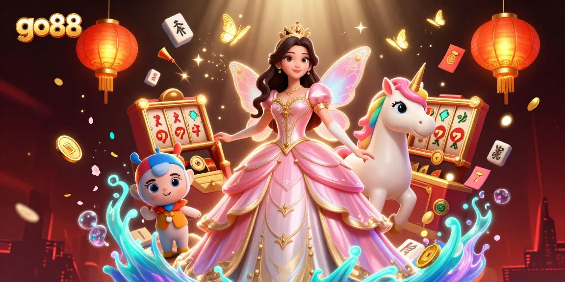 Engage with go88's vibrant casino world featuring a glamorous figure and slot machine action.