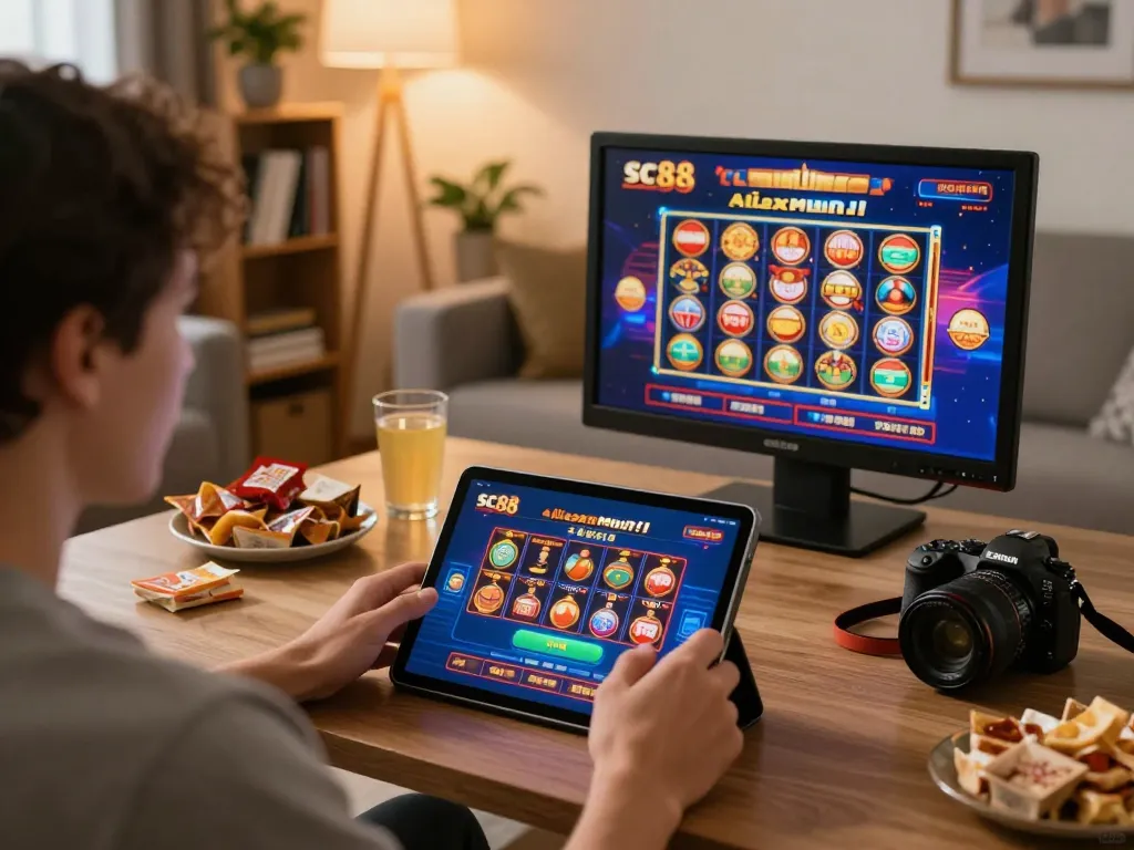 Player engaging with sc88 casino app on tablet in cozy home setting, showcasing responsible gaming experience.