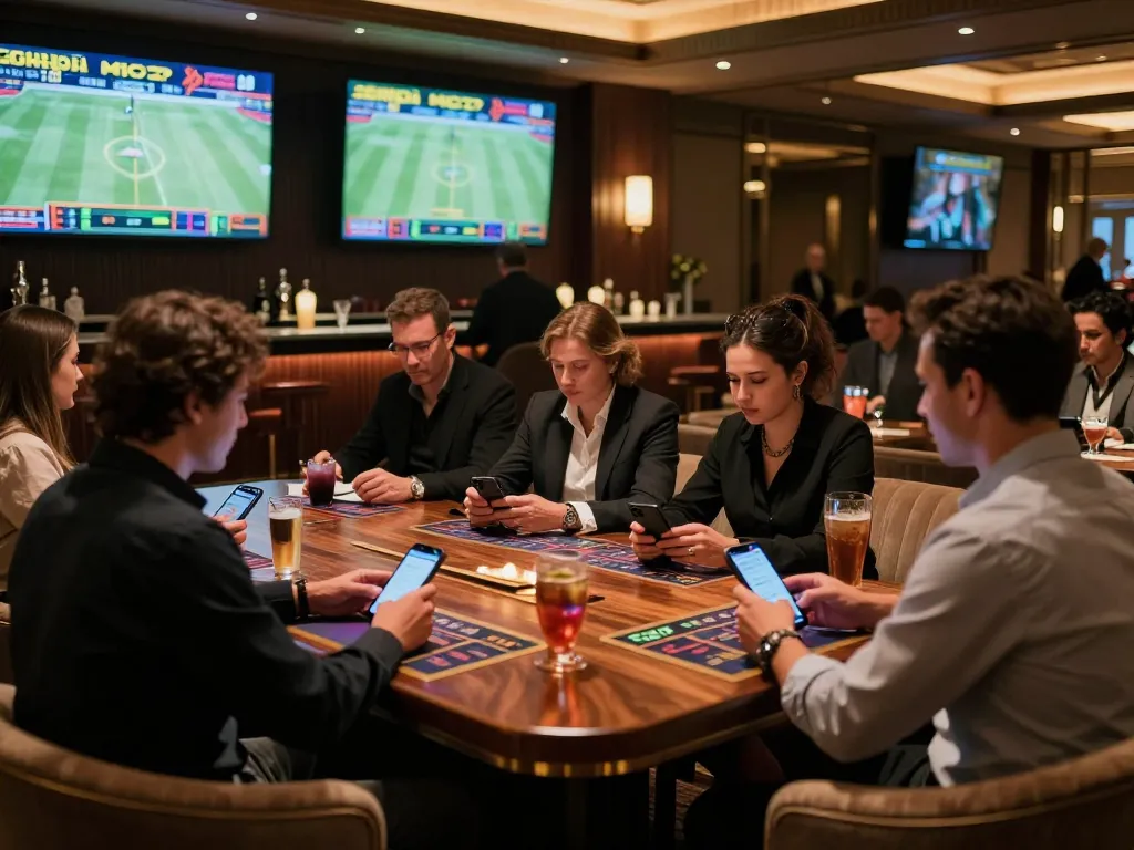 Engaged bettors at a hit club sports lounge analyzing games and placing bets.