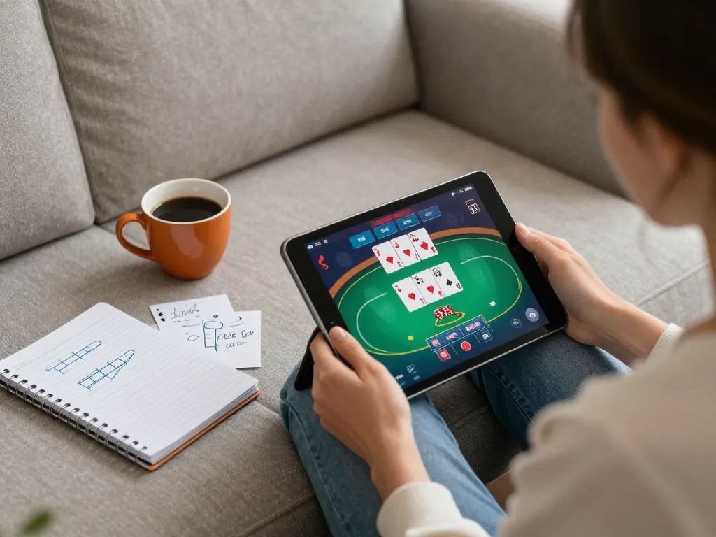 Player enjoying online poker on EV99 tablet with strategy notes and coffee in cozy home.
