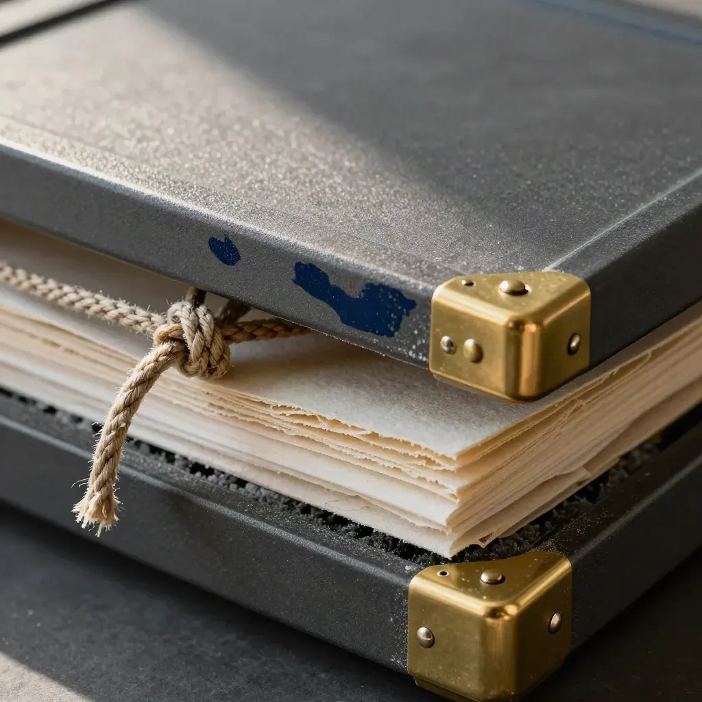 Graphite crate lid with rope knot, brass corners, and packing foam in coastal haze