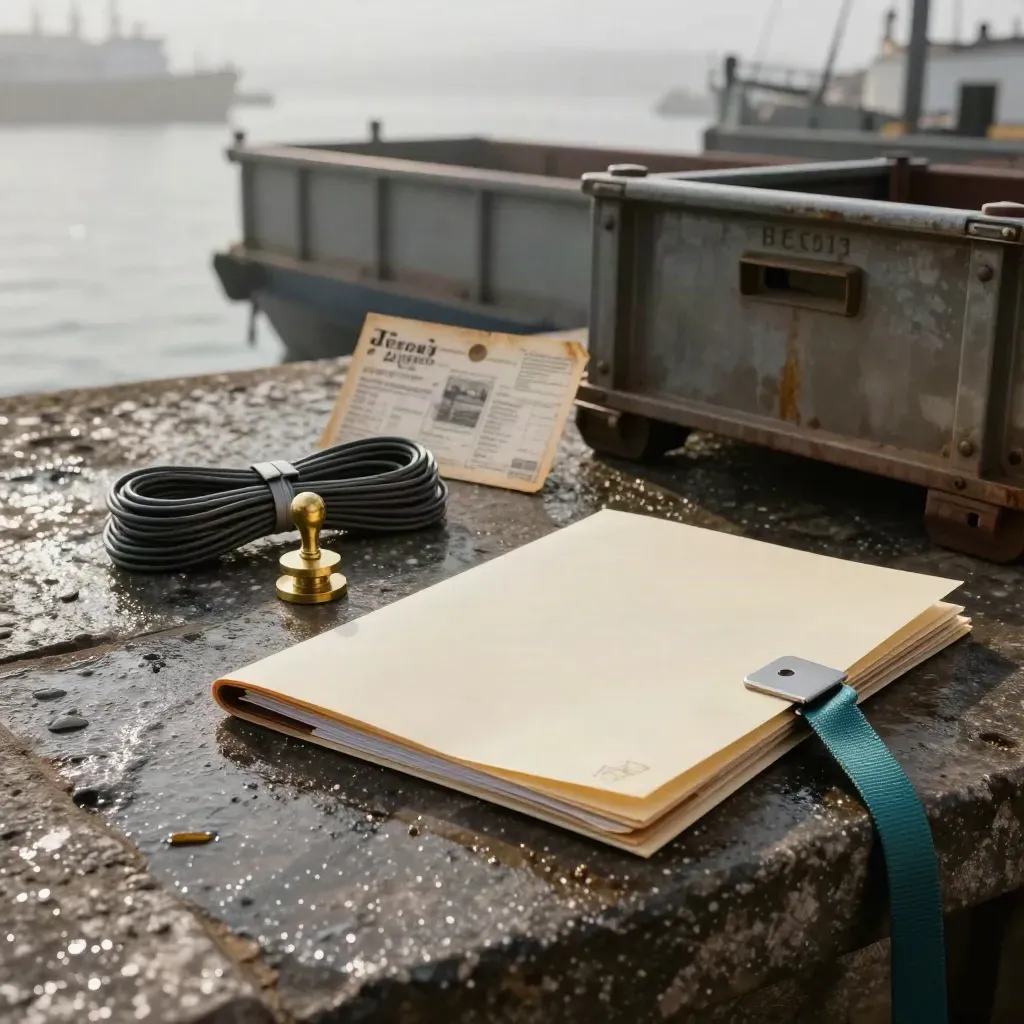 Import setup bundle on a misty quay beside a freight crate, folders, cable ties and brass seal.