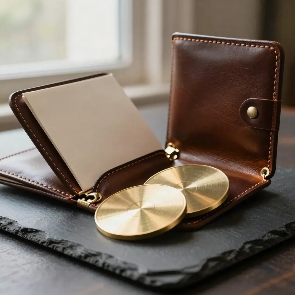 Leather trade finance folio with brass discs and a sealed envelope on dark slate.