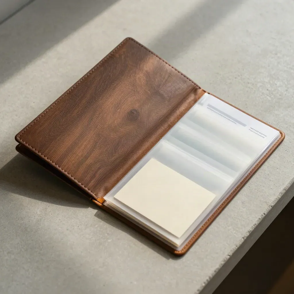 Overhead export readiness pack with sample pouches, blank stickers and a slim portfolio on concrete.