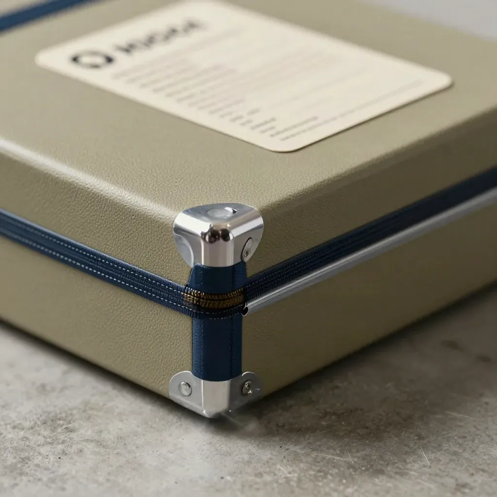 Macro sealed inspection box with sleeves, chips, and navy warning accents on concrete.