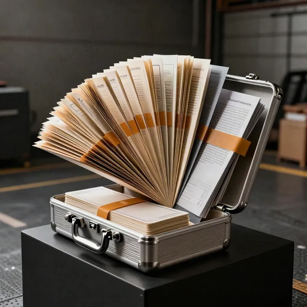 Amber-banded trade launch bundle bursting from a clasp case on a dark studio plinth.