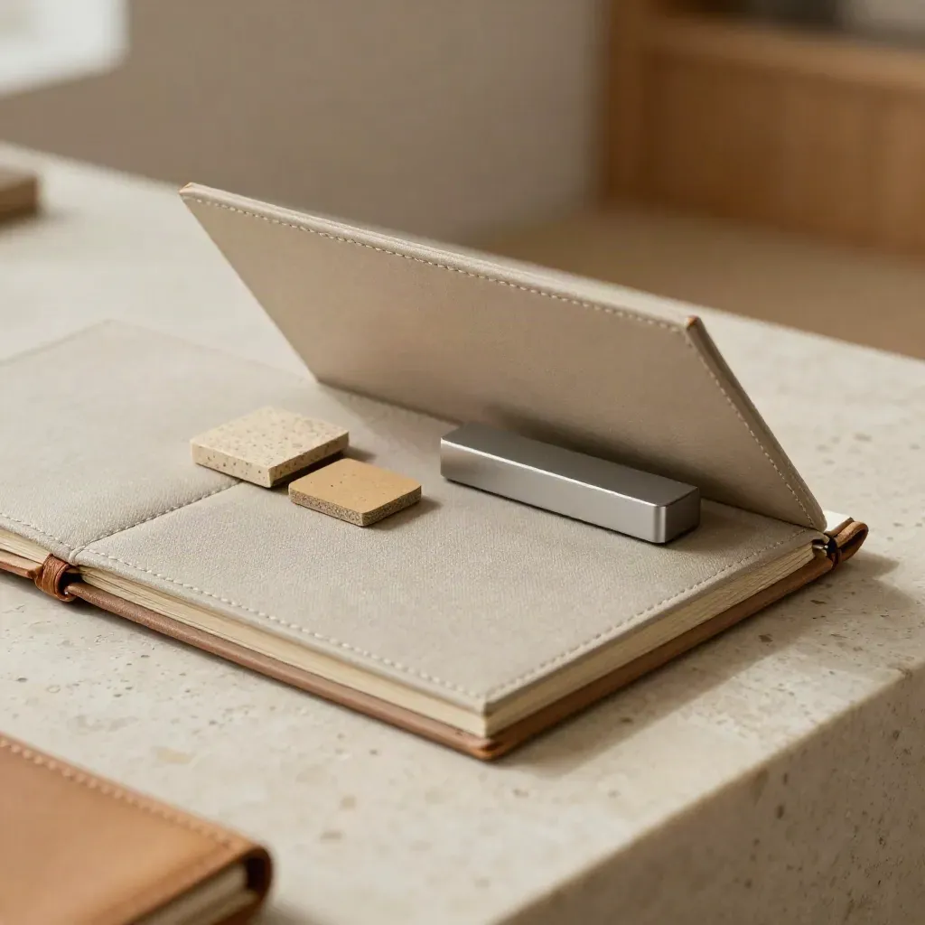 Premium supplier check call folio with speaker puck and material chips on travertine