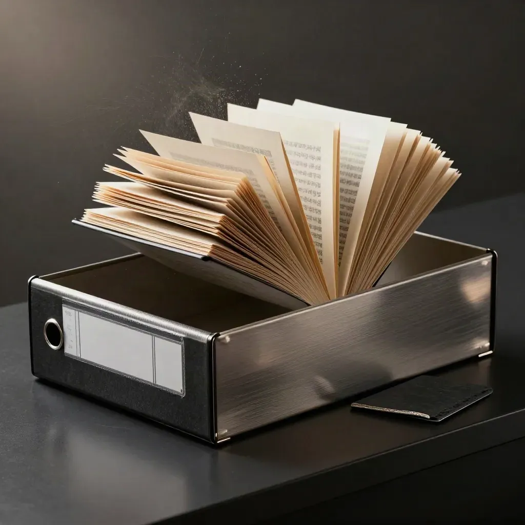 Open customs archive box with fanning sleeves, seal tabs and paperweight on a dark studio surface.