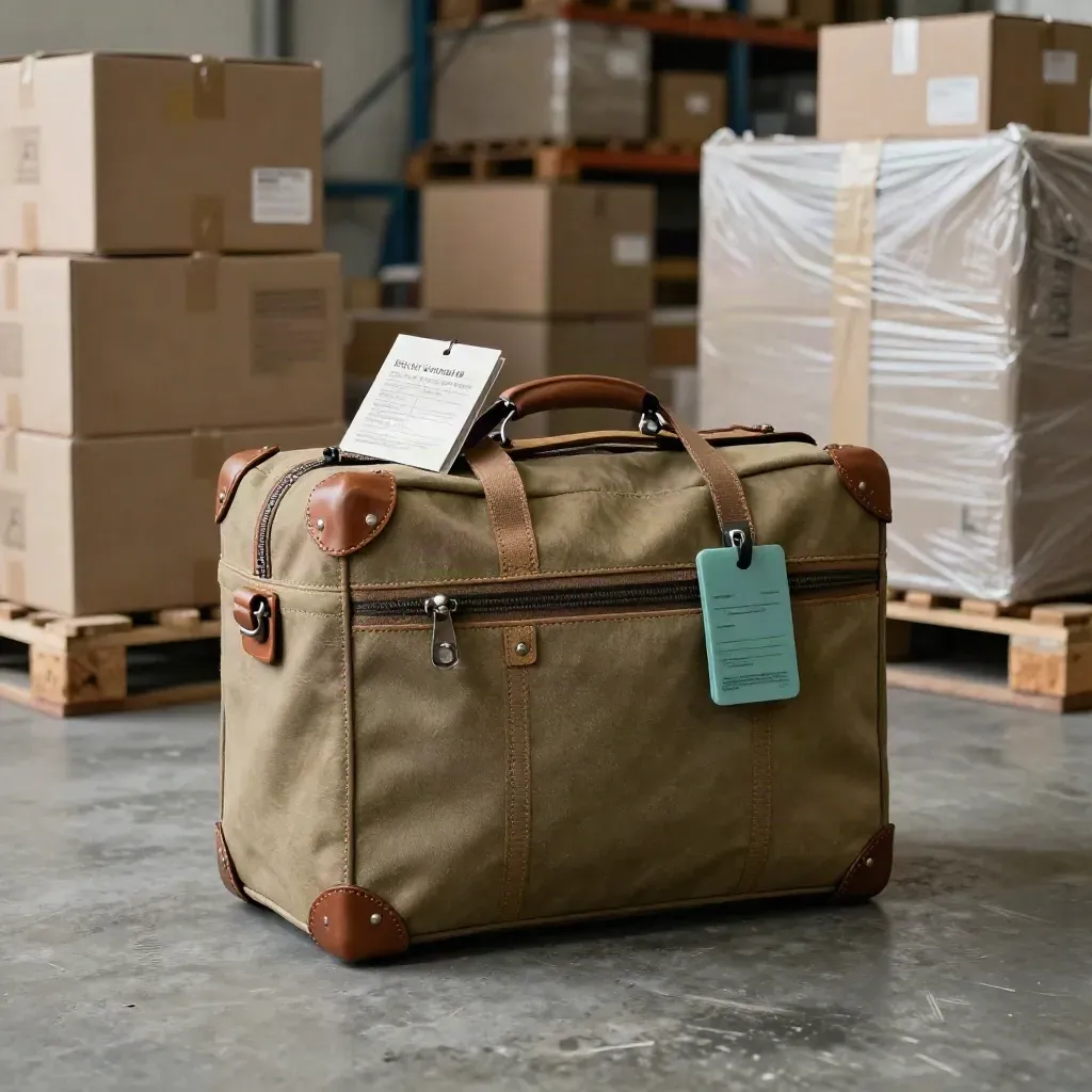 Freight quote travel case beside cartons in a hazy depot, with teal route tokens and cards