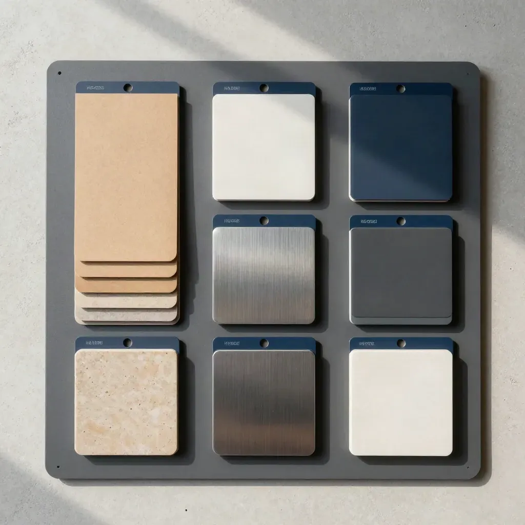 Overhead flatlay of HS code review tabs, material samples and a compact index board on stone.