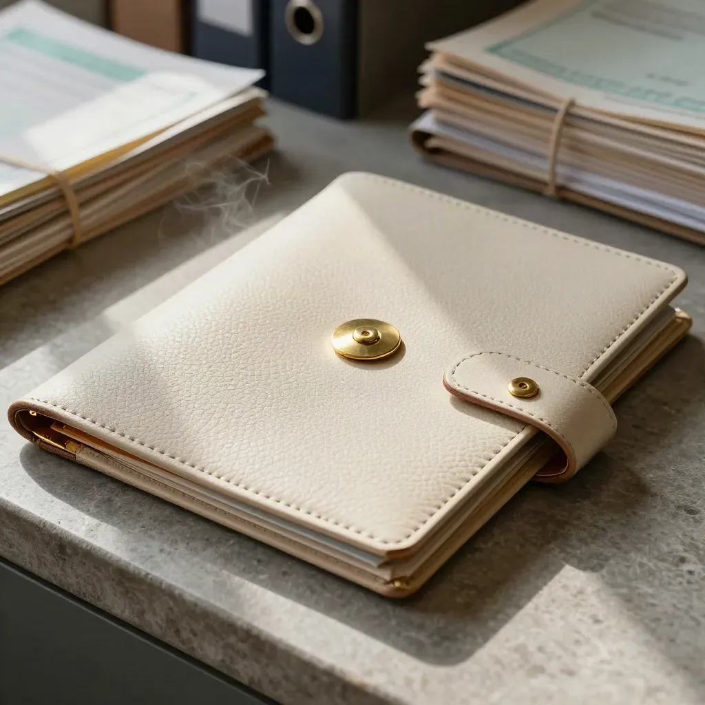 Trade finance folio with brass discs, clasp and receipt pouch in a tactile archival close-up