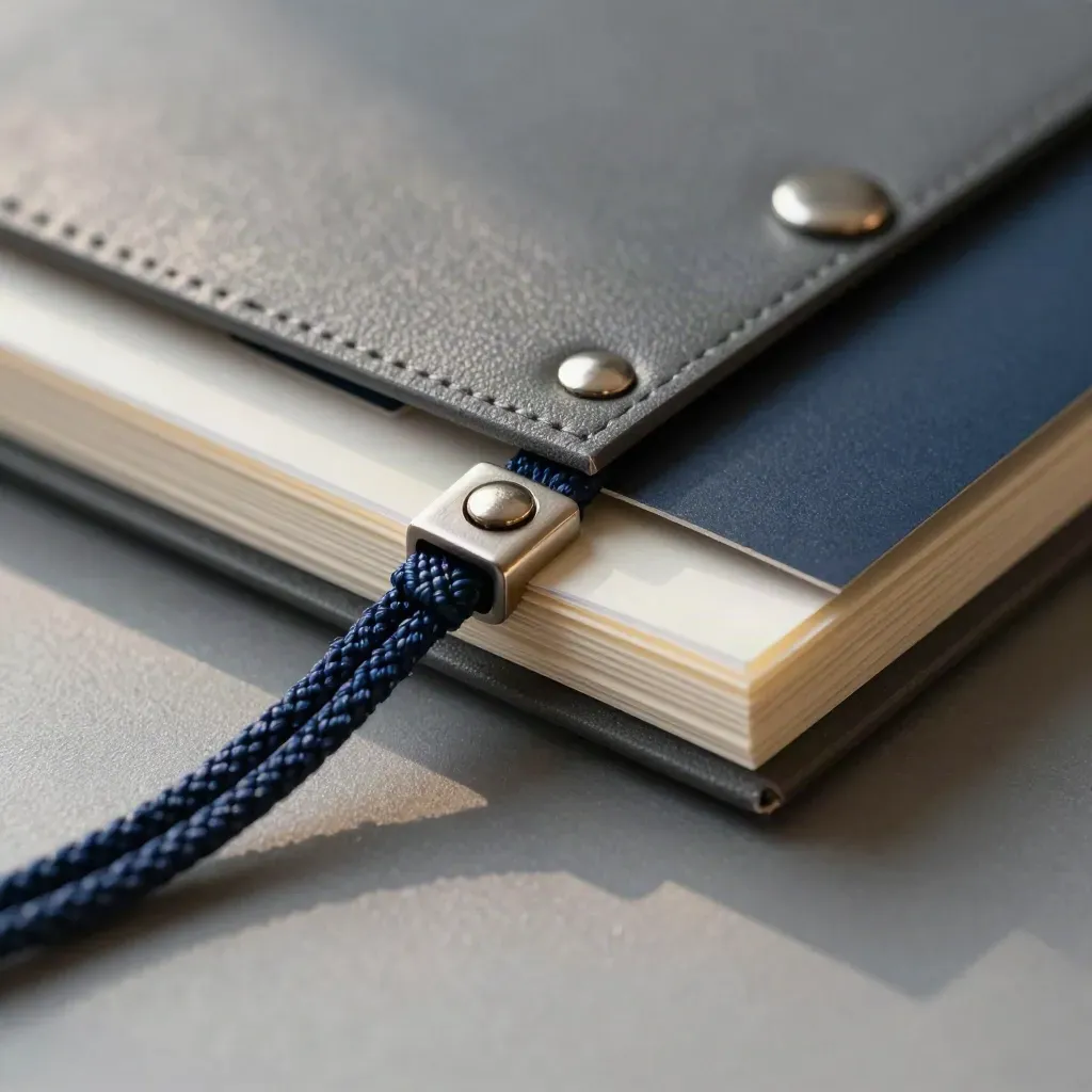 Close-up of a navy exporter document pack with sleeves, cords and a folio case on graphite.