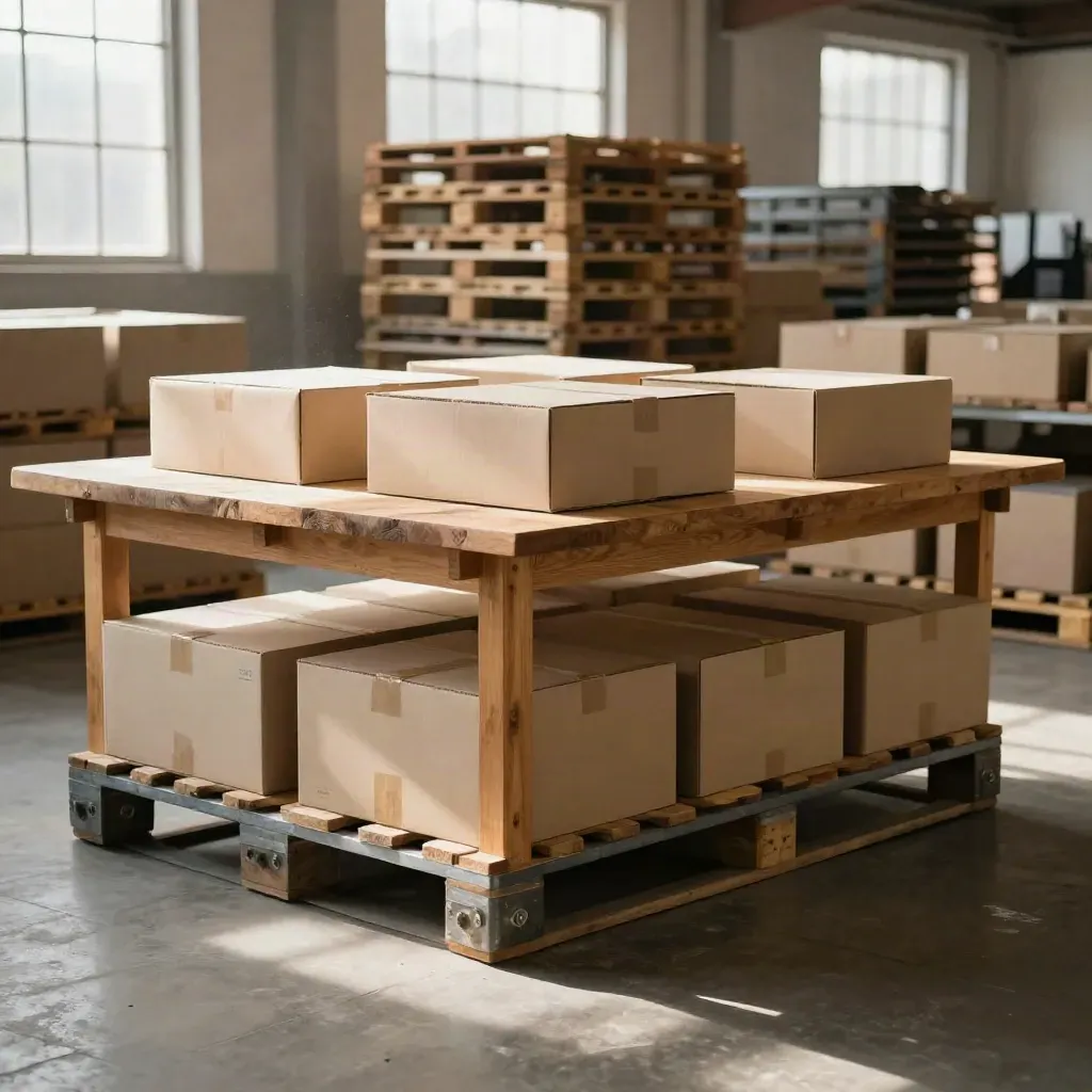 Sunlit stone warehouse mezzanine with oak tables, pallets and calm floor for trade sourcing.