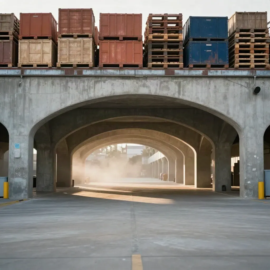 Sunlit freight corridor with arches, stacked crates and misty shadows, low angle and calm floor space.