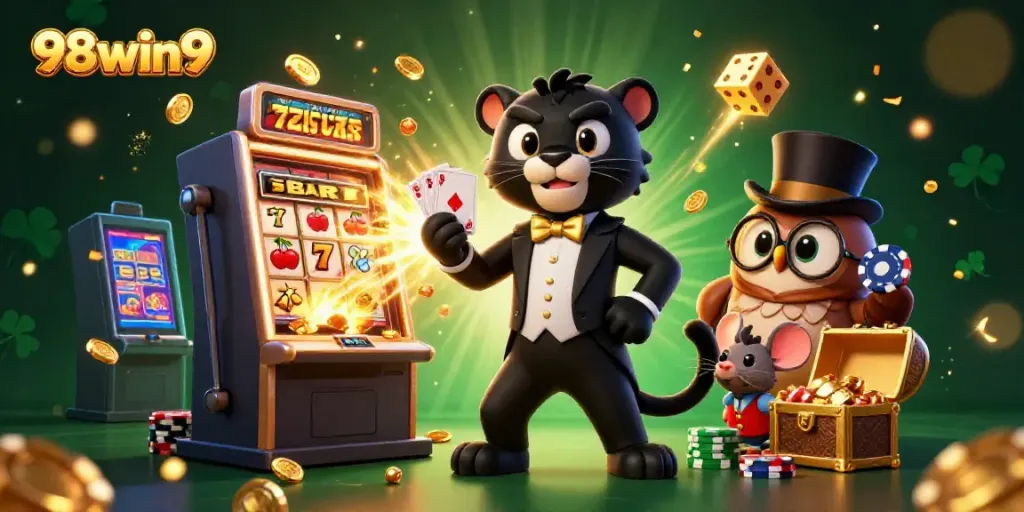 Engage in exciting gameplay at 98win9 with a stylized casino scene featuring a panther dealer, owl, and lucky mouse.