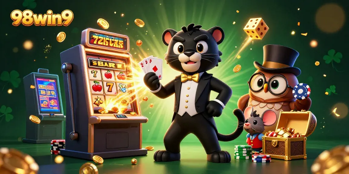Engage in exciting gameplay at 98win9 with a stylized casino scene featuring a panther dealer, owl, and lucky mouse.