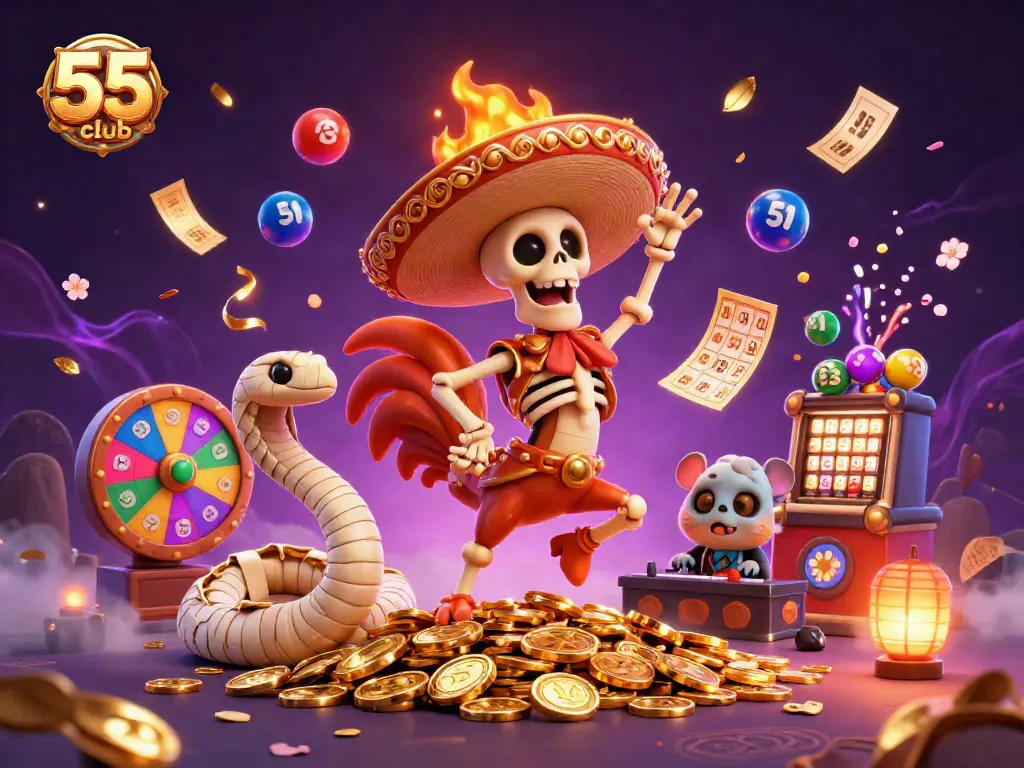 Engage in thrilling gaming action at 55 club with lively characters and dynamic elements in this captivating illustration.