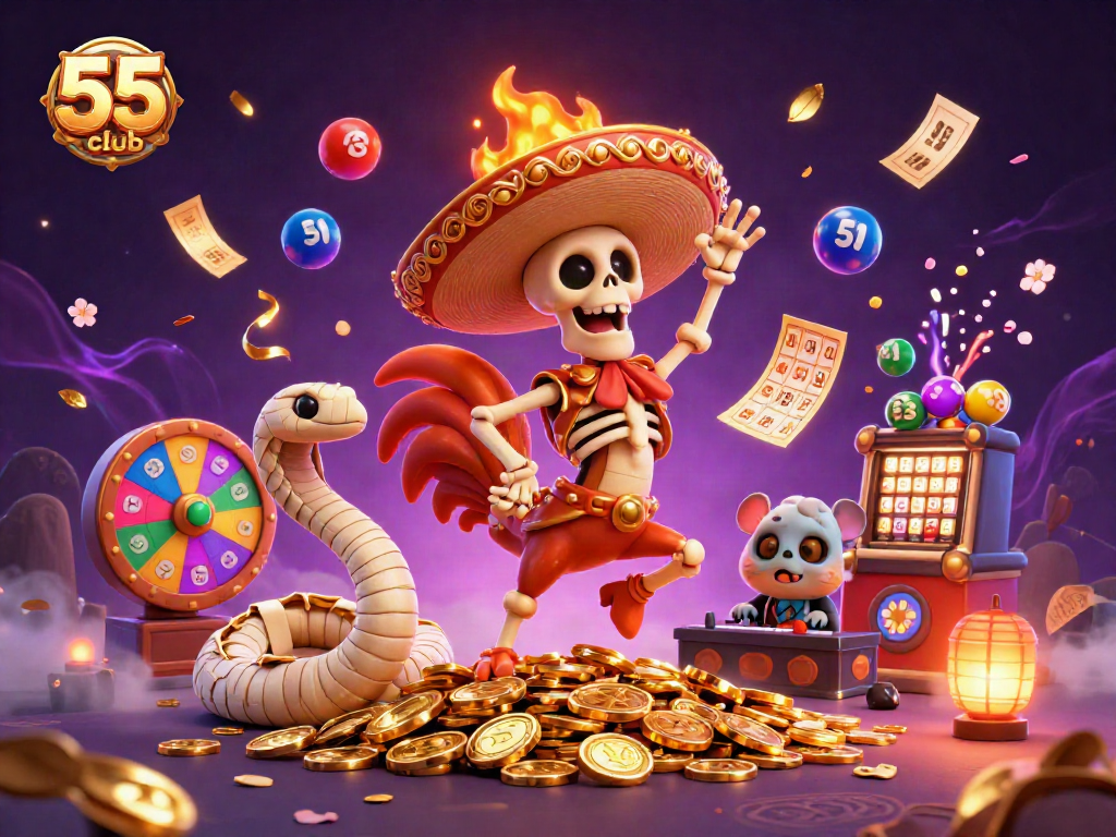 Engage in thrilling gaming action at 55 club with lively characters and dynamic elements in this captivating illustration.