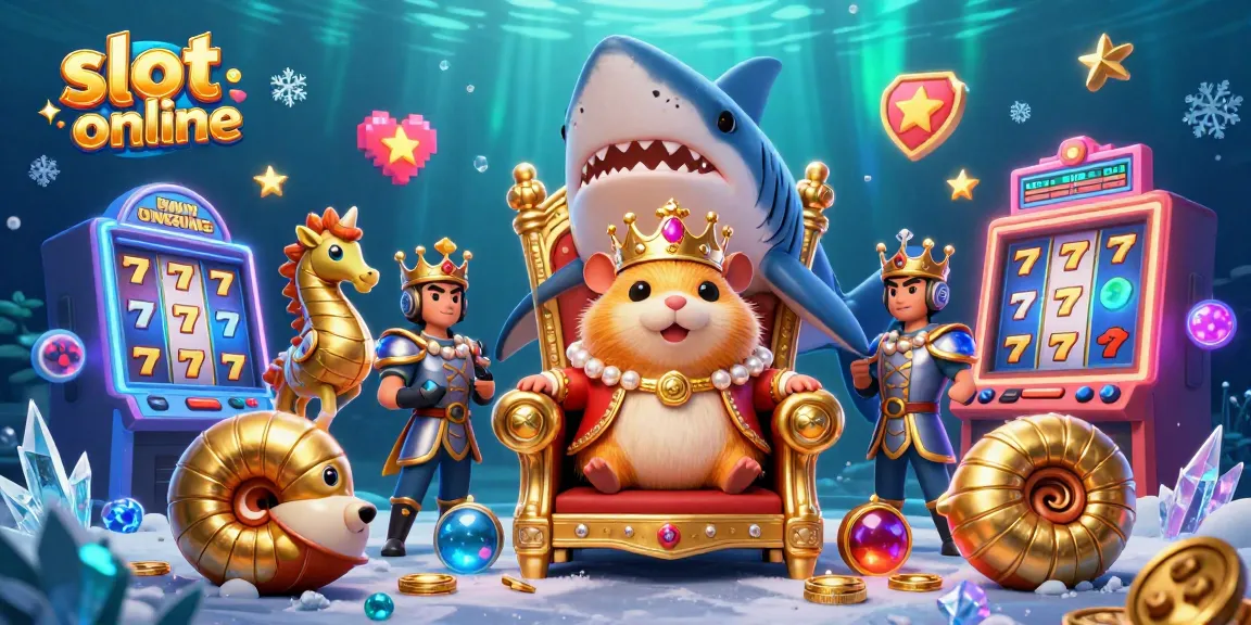 Engage with thrilling slot online gameplay featuring a golden hamster king on a shark throne amidst colorful slot machines.