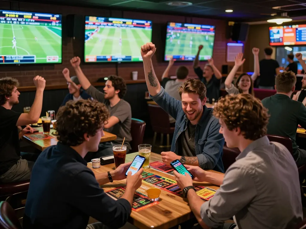 Fans place bets on Sonclub while cheering for their teams in a lively sports bar atmosphere.