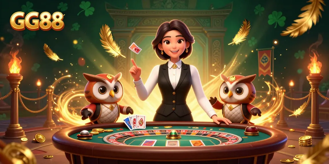 Immerse in GG88 with a vibrant scene featuring an Asian woman dealer at a baccarat table with a charming owl assistant.