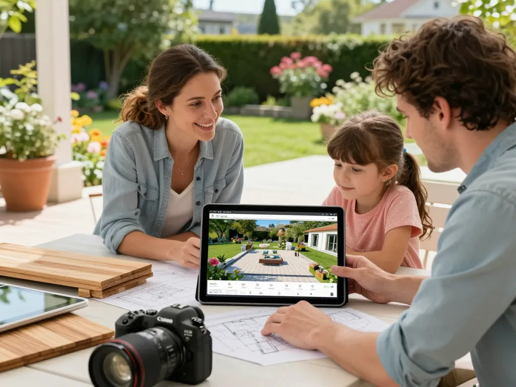 Family collaborating on a Veranda configurator in their garden.