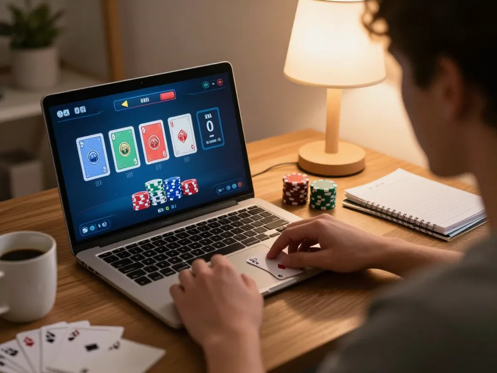 Engaging player strategizes during online poker game showcasing sv66 card strategy.