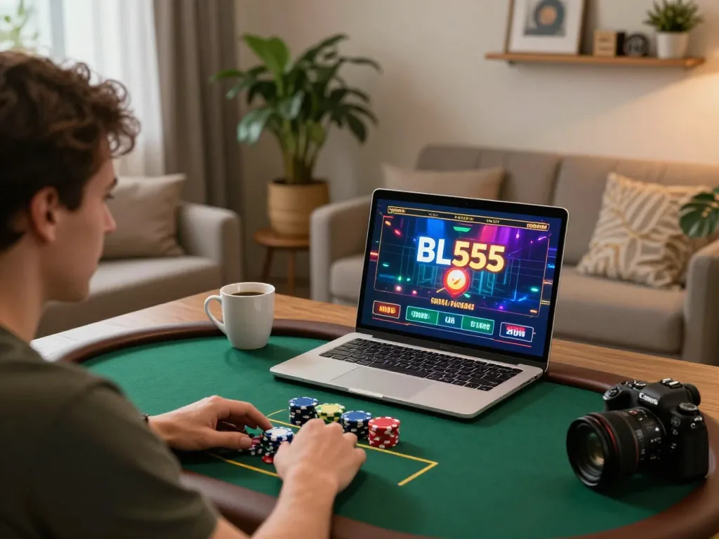 Player engaging in live dealer game on BL555 with poker chips and cozy home setting