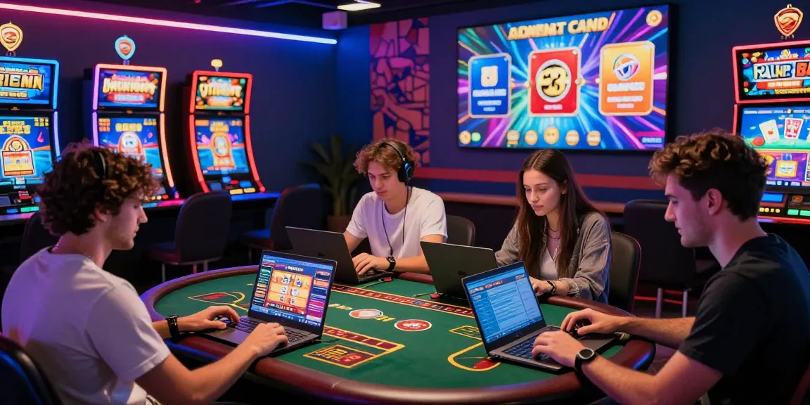 Exciting online gaming scene showcasing friends enjoying credit card casinos with laptops and mobile devices at https://bhma.org.uk, surrounded by colorful slot machines.