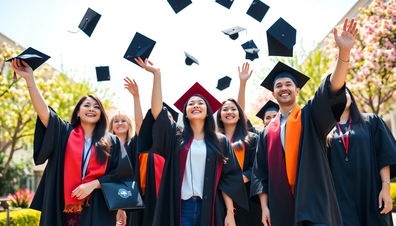 Graduates celebrating their success outdoors with caps in the air.